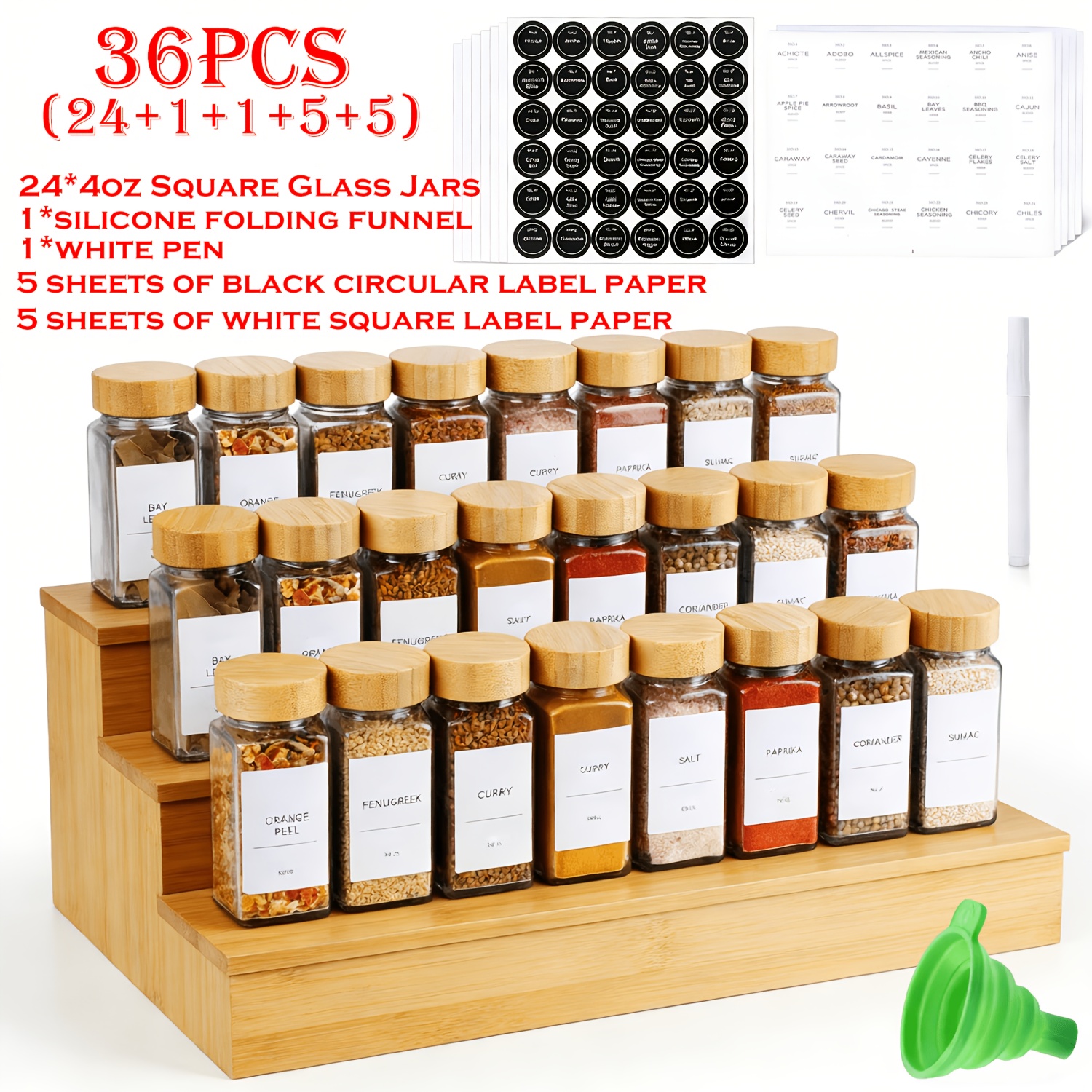 E-shop 36-teiliges Set (Gewürzgläser + Etiketten + weißer Stift + Trichter), 24 x 4-Unzen-Glasgefäße mit zusammenklappbarem Trichter;