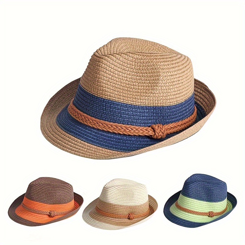 Coffee Fashionable Sun Protection Hat, Men's 1pc Foldable Style Beach British Jazz Top Hat Straw Hat,Temu