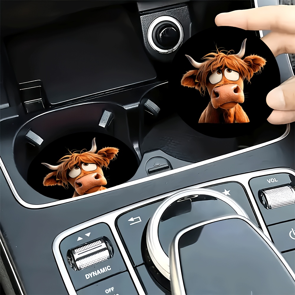 TEMU 2pcs Scottish Highland Cow Cute Themed Print Car Coasters - Durable Non-slip Car Cup Holder Accessories With Adorable And Cool Graphics, Center