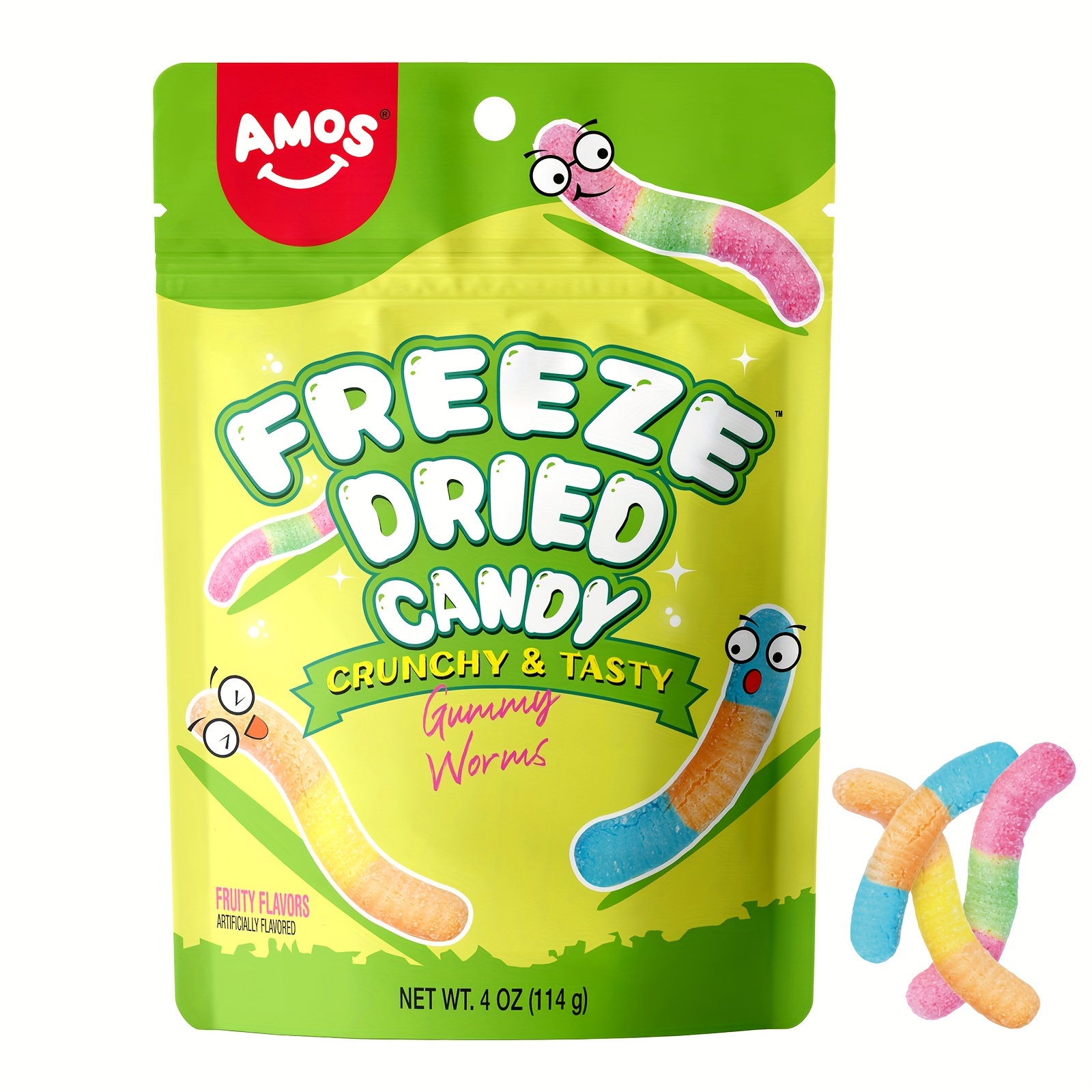 

Amos Freeze Dried , 4oz Resealable Bag - Premium Fruit-flavored Candy, Fat-free & Gluten-free, Ideal Christmas Treat, Snack Treats|cartoonish Worms| Texture