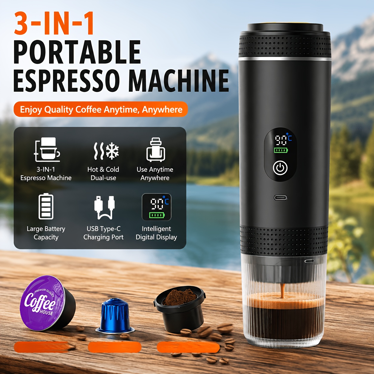 TEMU Machine à café portable, machine à électrique avec chauffage compatible avec moulu et les dosettes de café pour le camping, la randonnée, les