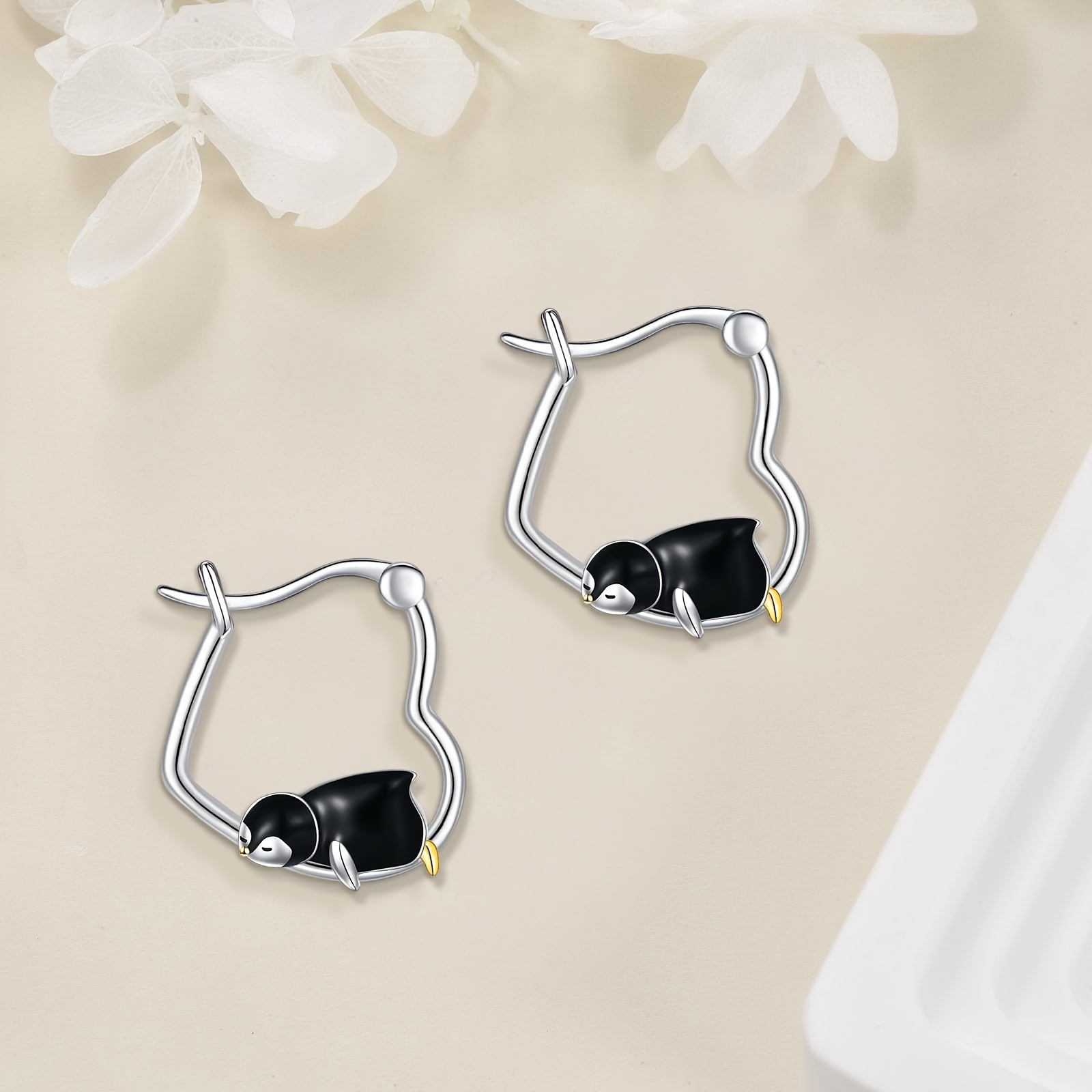 Women's 925 Sterling Silver Penguin Heart Hoop Earrings