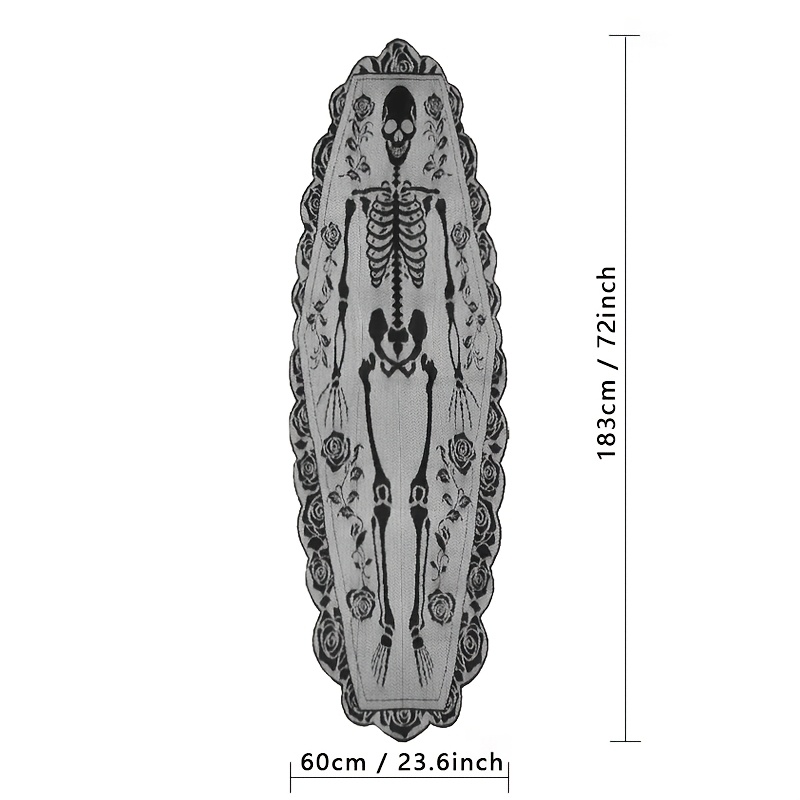 TEMU Halloween Skeleton Skeleton Rose Lace Table Flag Hollow Mesh Strap Table Towel, Dark Coffin Shaped Table Decoration Flag, Festive Party