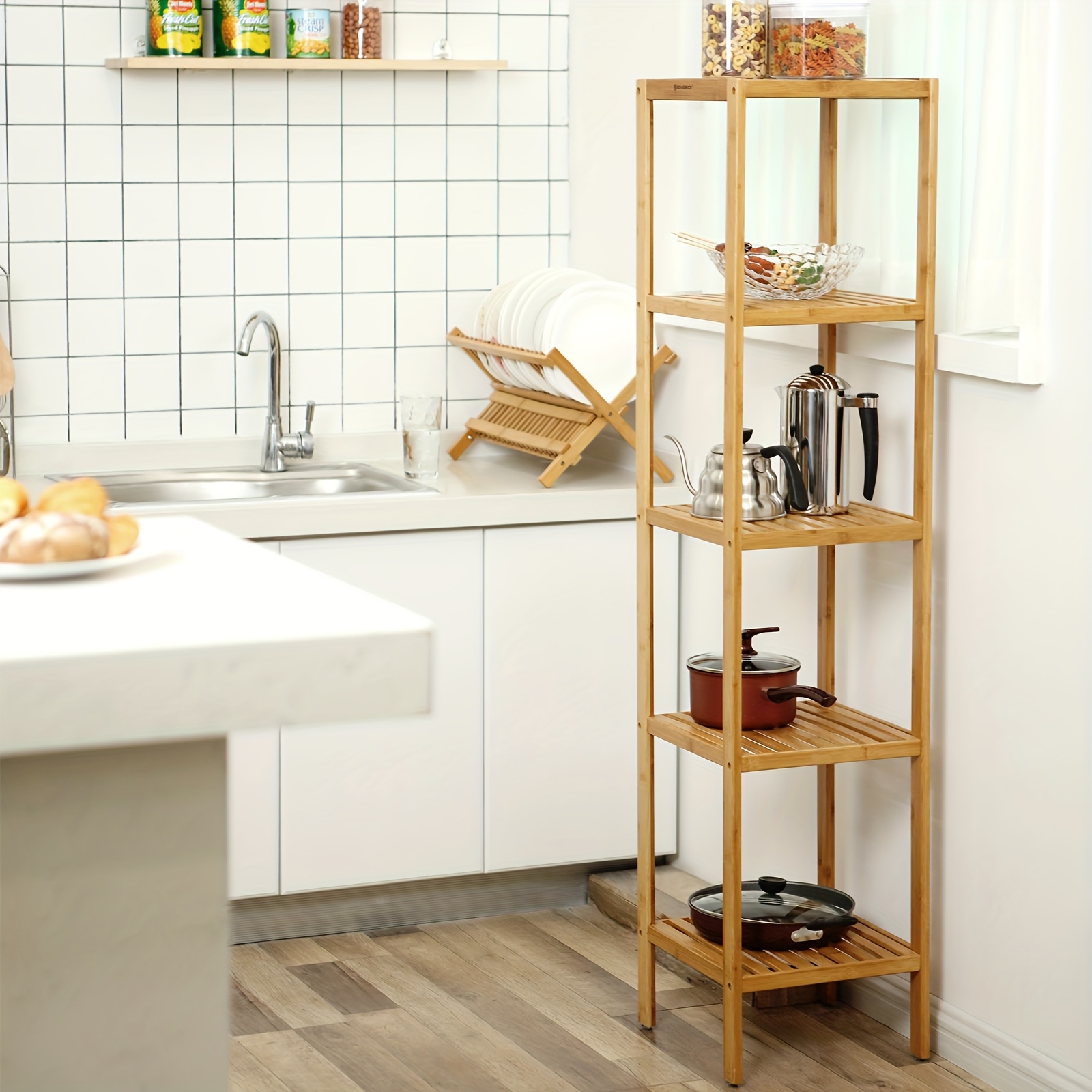 Image of 5-tier Bamboo Bathroom Shelf, Freestanding Narrow Shelf Unit, Multifunctional Storage Shelf, Corner Shelf, For Kitchen, Living Room, Bedroom, Hallway, Utility Racks