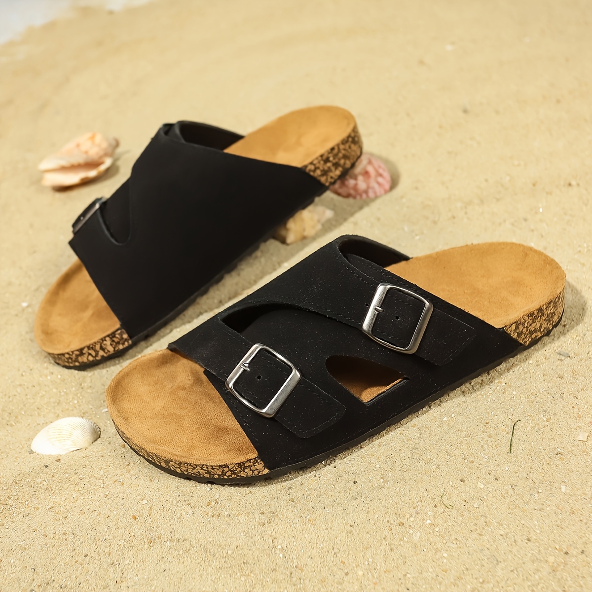 mens adjustable double   slide sandals casual beige upper with brown sole non slip durable for indoor outdoor use details 0