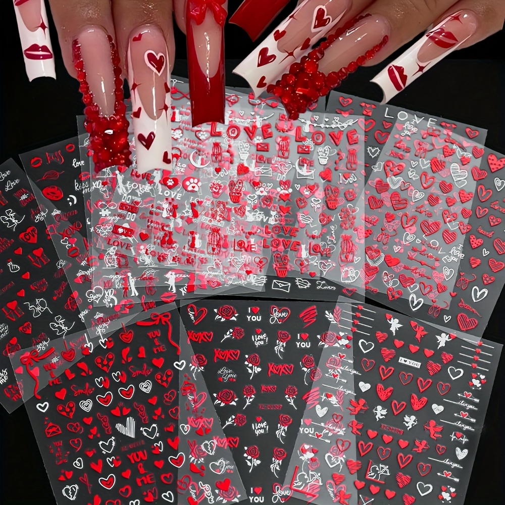 Image of 12pcs Valentine's Day Love Heart & Cupid Self-adhesive Nail Stickers - Glittering 3d Heart, Lips & Romantic Couple Decals For Diy Manicure/pedicure, Art Supplies For , Easy Application (no /hot)