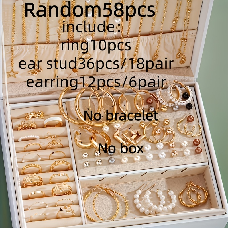 TEMU Juego aleatorio de 58 piezas de aretes, tachuelas y anillos de geometría simple, a , elegantes, versátiles, casuales, para mujer, para , regalo