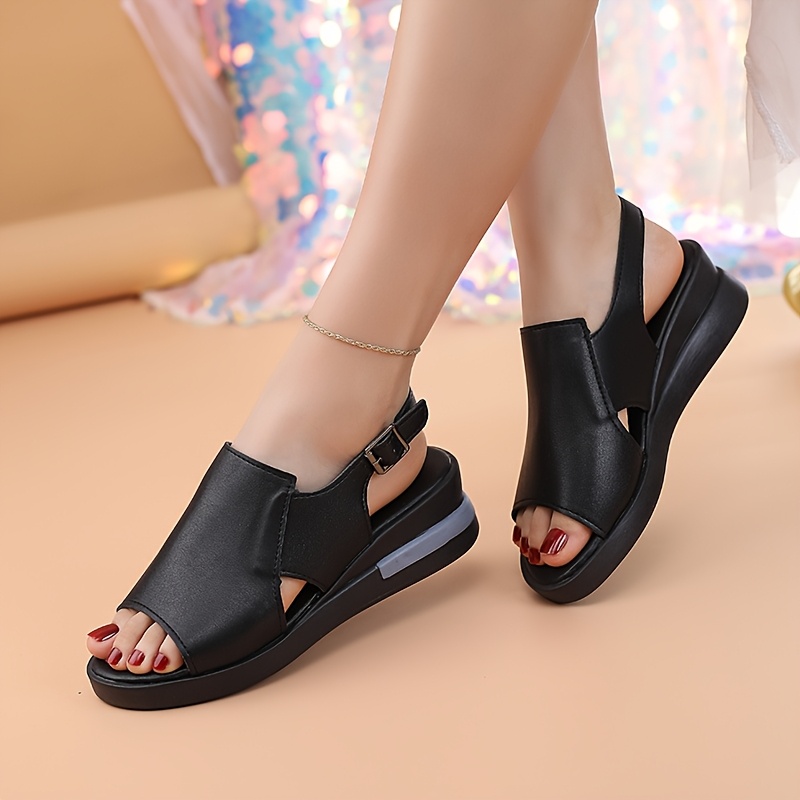 sandalias de tacón medio para mujer sin cordones - zapatos casuales con cubierta   de pu y punta   con   gruesa acolchada, negros versátiles para     7