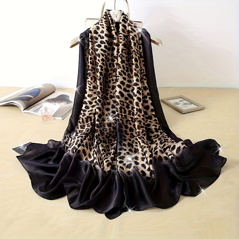 

Black/coffee Color Leopard Print Scarf Simulated Silk Thin Smooth Shawl Elegant Style Sunscreen Wrap For Women