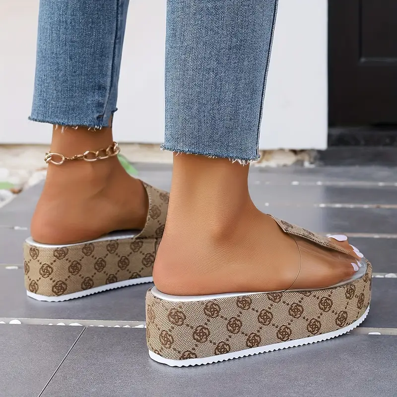 womens floral pattern platform sandals slip on half transparent band casual slides low wedge versatile slides details 0