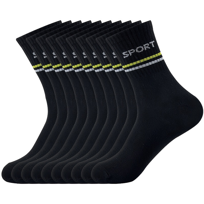 

10pcs Men's Mid-calf Athletic Socks - Breathable, Moisture-wicking Polyester And Spandex With Sport Lettering, Solid Colors For Casual And Sports Wear