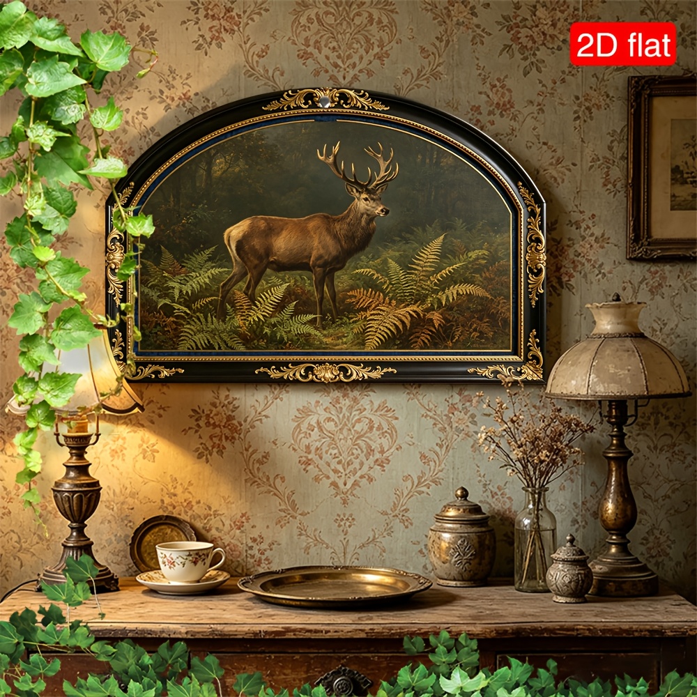 TEMU 2d Flat, A Stag Standing Between Ferns In A Picture Frame, Wooden Wall Art Sign, Farmhouse Home Decoration Sign, Vintage Ornament Sign, Arched