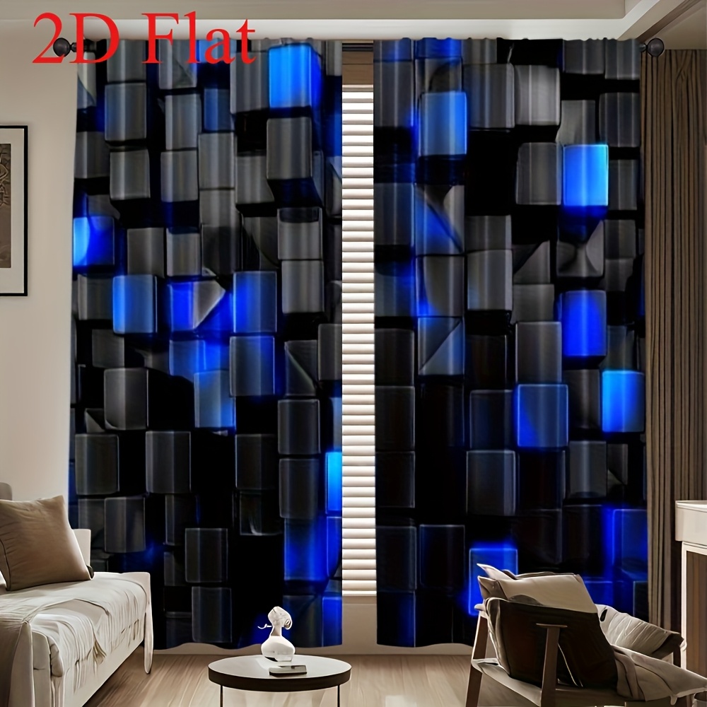 TEMU 2d Flat, 2d Flat Printing Curtains 2pcs Printed Curtains2pcs Contemporary Geometric Square Pattern Light-filtering Curtains, 100% Polyester,