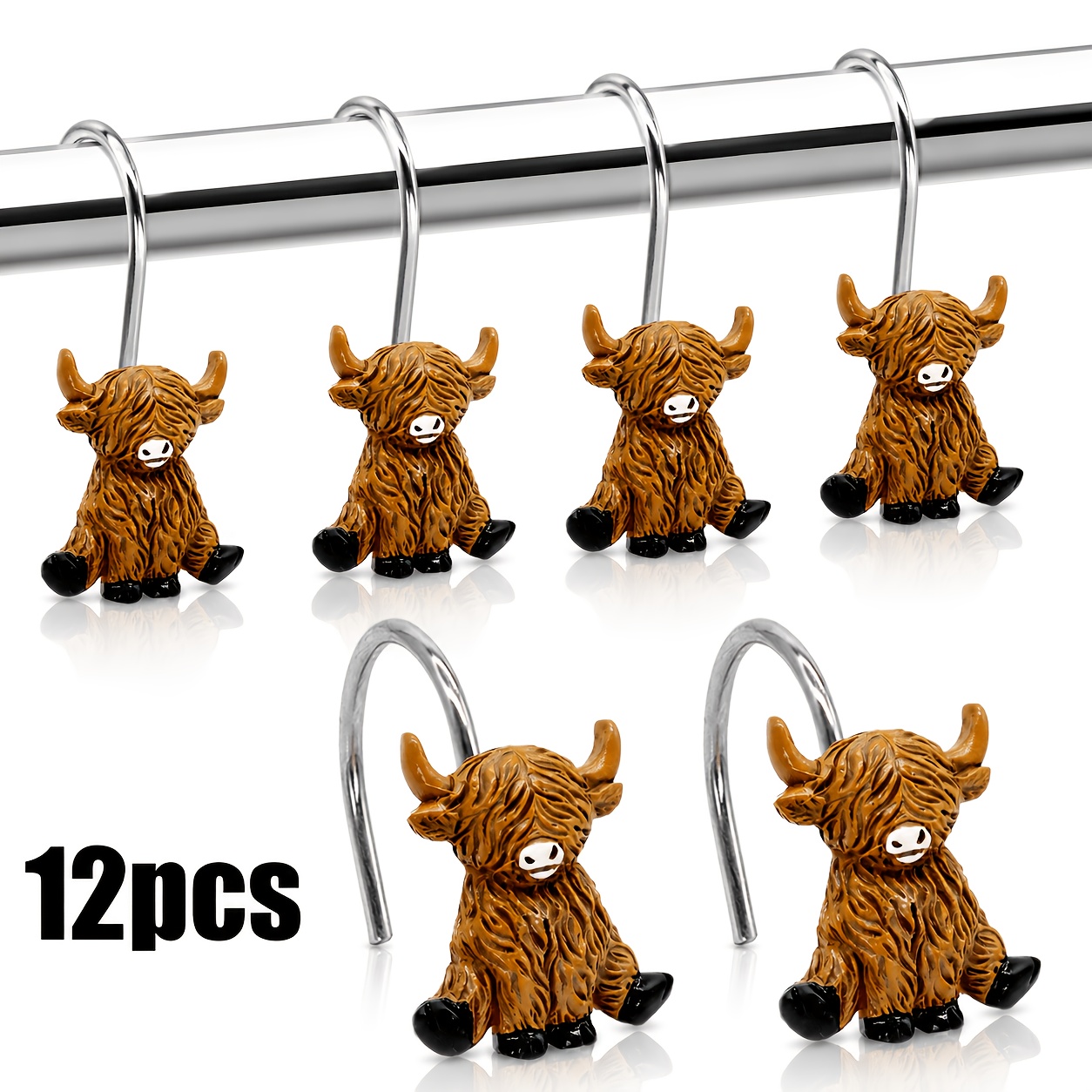 TEMU 12pcs Highland Cow Shower Curtain Hooks, Heavy Duty Rust-proof Metal Hangers, Cute Animal Bathroom Hooks For Shower Rod, And Slide, Unique