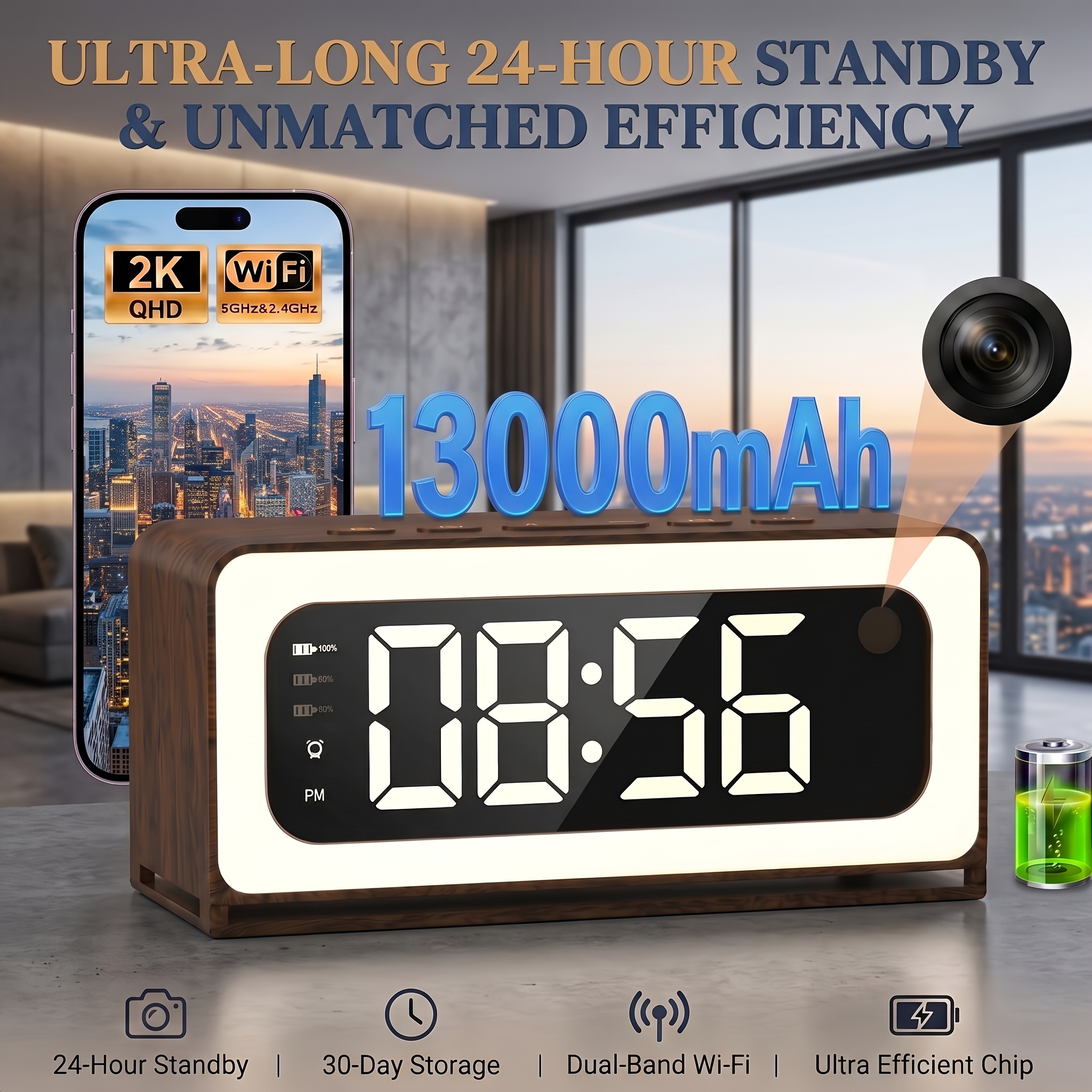 2k Smart Indoor Clock Camera, Nanny Cam, Indoor Security Camera For Home, 5g & 2.4g Wifi, Night Vision, Motion Detection Alerts, Alarm Siren, Local Sd Storage, Wood Grain Design, 13000mah, 24h Standby