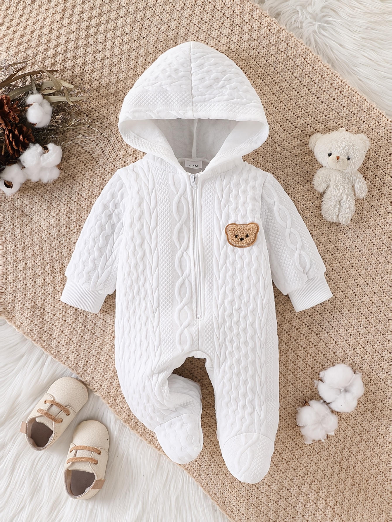newborn baby boys and girls autumn winter jacquard textured fabric cartoon bear hooded footed zipper romper essential for gifting and home use   outdoor