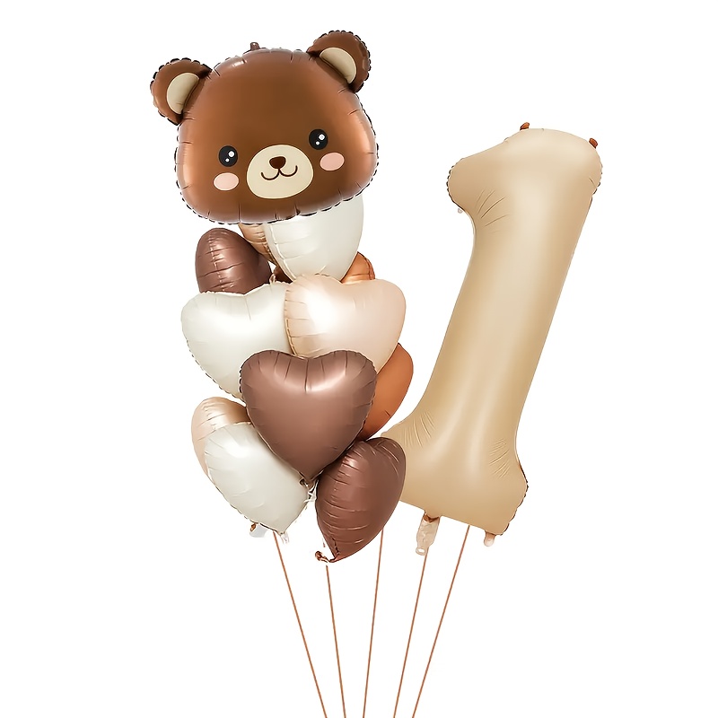 Image of 11pcs Number 1-4 Balloon Set, With Caramel, White, Coffee-colored Hearts And Cute Bear Heads, Suitable For Weddings, Birthdays And Other Party Decorations