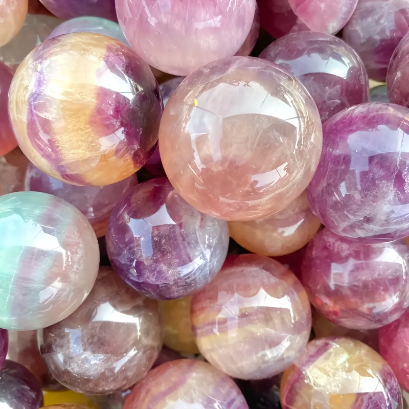 TEMU Natural Candy Colored Fluorite Crystal Ball Layer Rainbow Stone Polishing Home Office Desktop Decoration Ornament Crystal Figurines