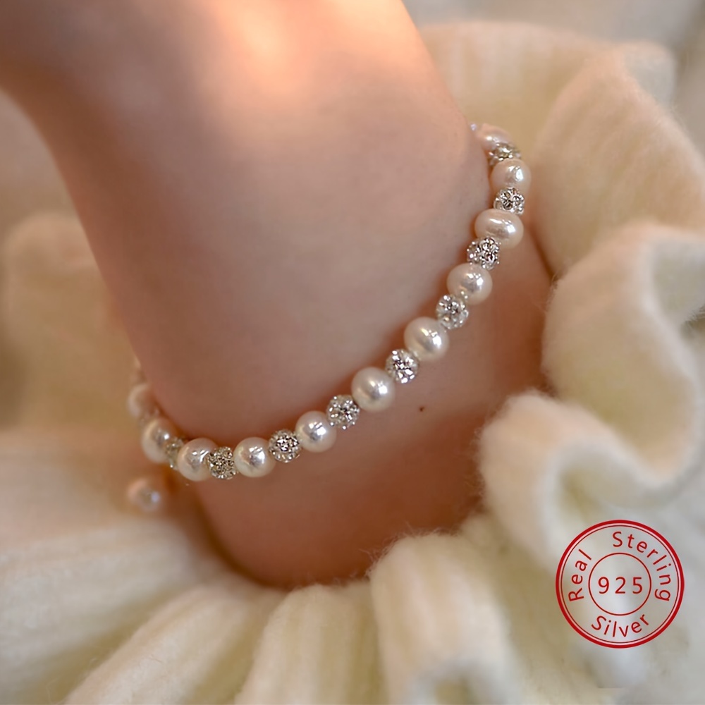 TEMU Bracelet et élégant en zirconia avec perles argentées 925 - un cadeau idéal pour la fête des mères