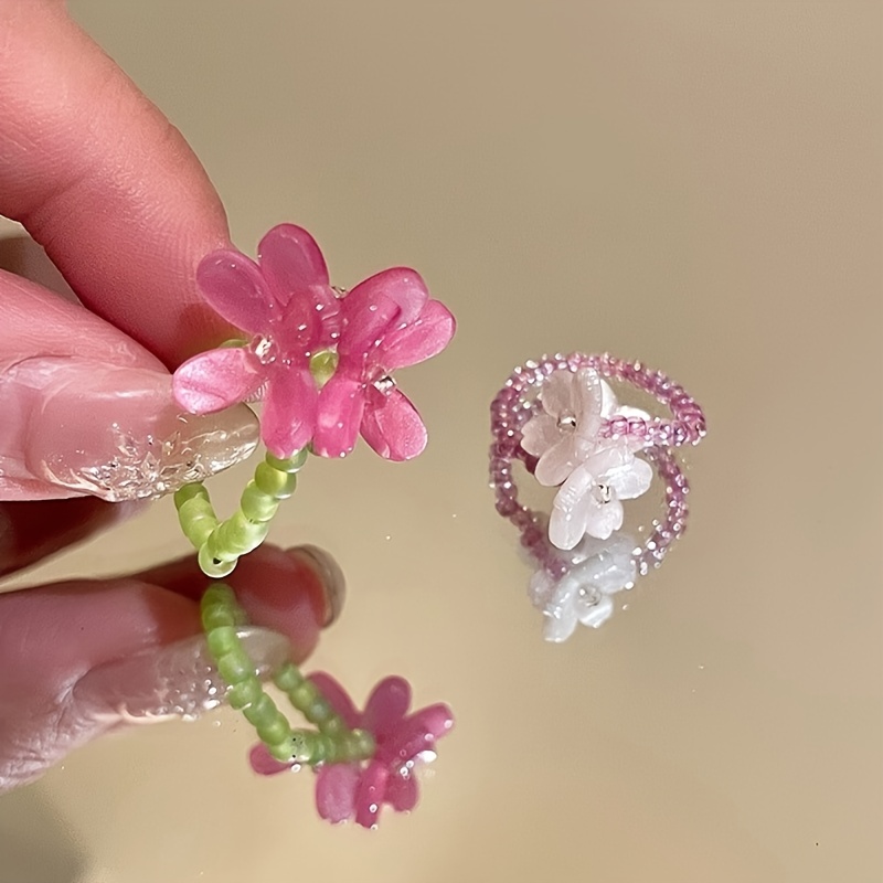 TEMU 2pcs/set Women's Elegant Dopamine Colored Personalized Flower Ring Light Luxury Niche Violet Flower Index Finger Ring Elastic Resin Beaded