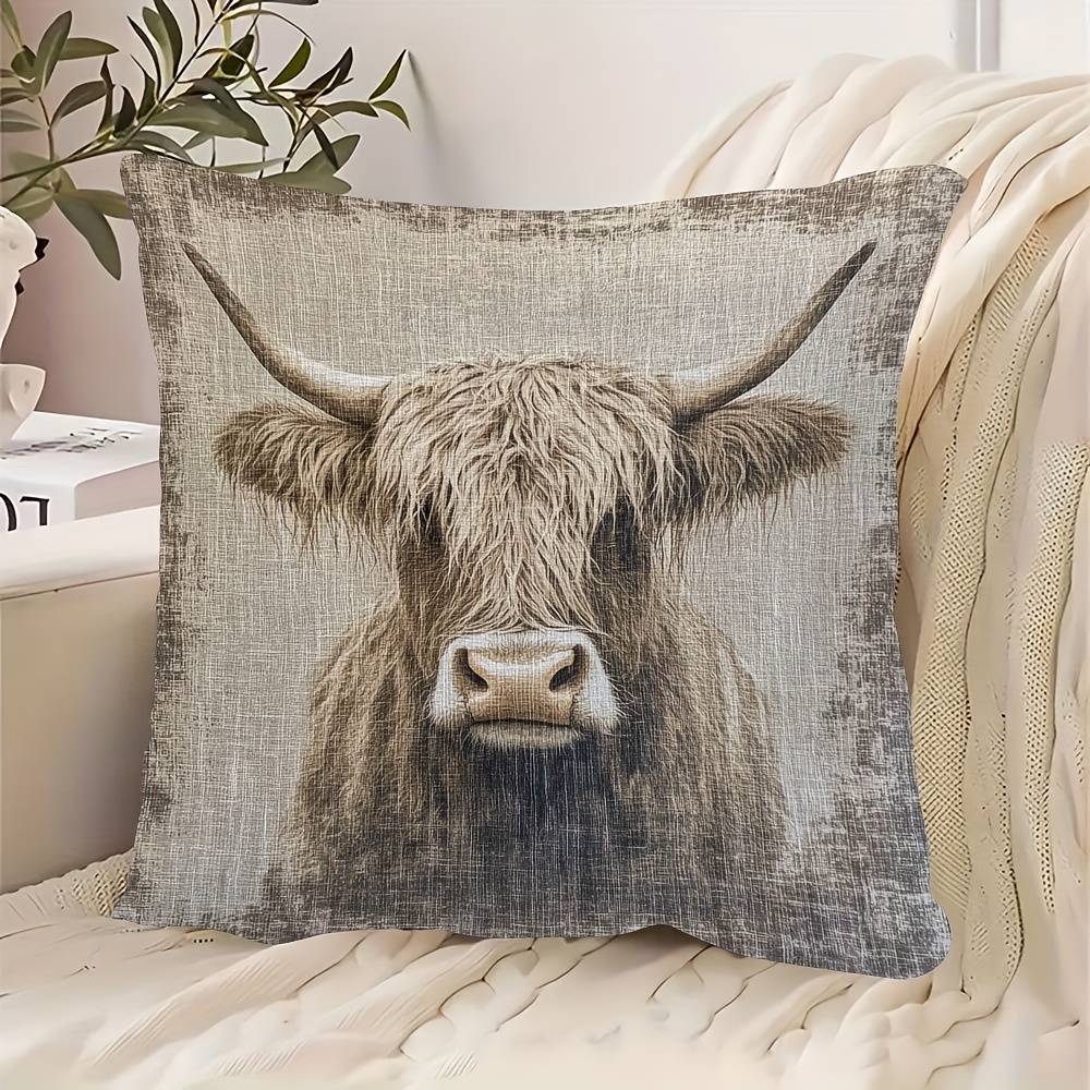TEMU 1 Stück Hochlandrind Plüsch Kissenbezug - Schottisches Kuhmuster Dekorationshülle, Weiche Textur, Reißverschluss, 18x18 Zoll Farmhaus-Deko für