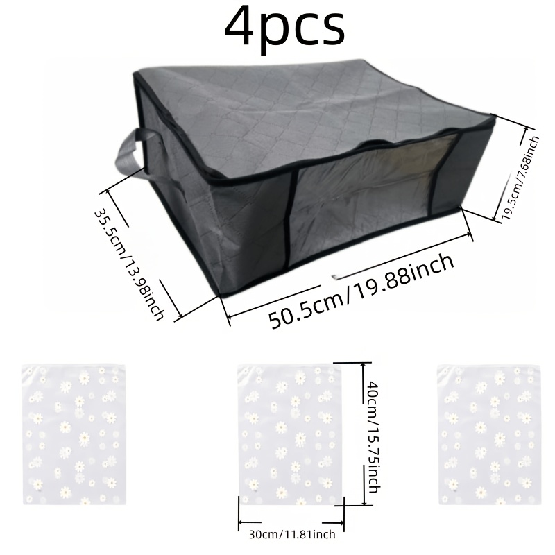 TEMU 1pc Black Striped Underbed Storage Box And 3pcs Flower Storage Bags, Foldable , Transparent Container, For Storing Blankets And Clothes, Gray,