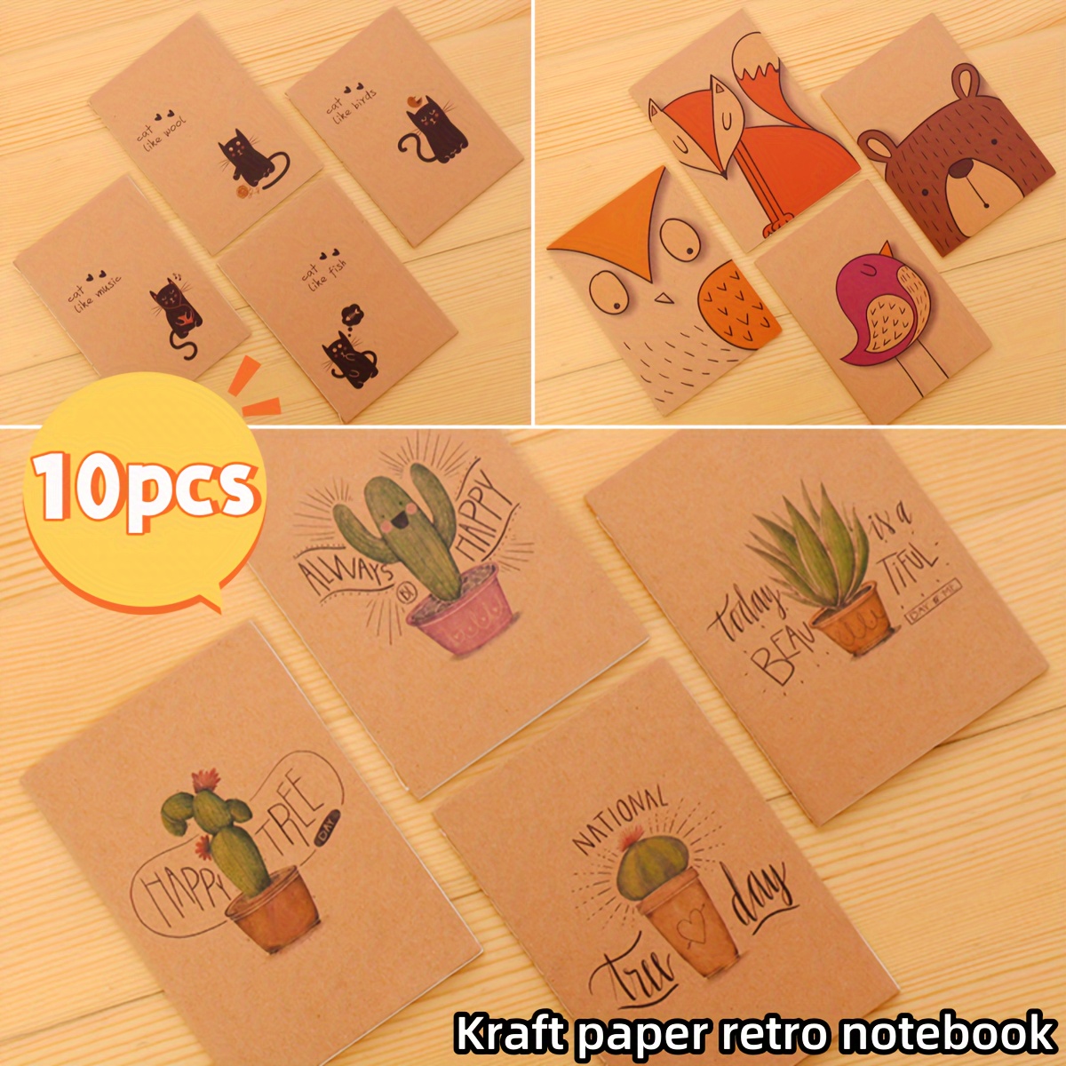 

10-pack Kraft Paper Notebooks, Retro Blank Pads With Cute Animal Designs, Sturdy Thread Binding, Portable Mini Notepads For Gifts And Prizes