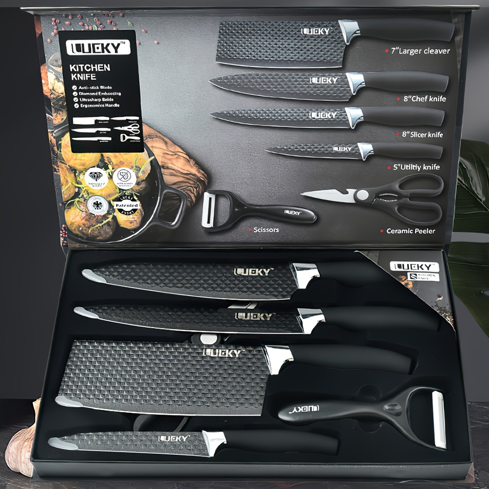 Ensemble de 6 couteaux de cuisine, chef professionnel, couperet, trancheur, couteau utilitaire, éplucheur et ciseaux en acier inoxydable à haute teneur en carbone, ultra-aiguisés avec manche ergonomique en bois antiadhésif, ensemble de couteaux de cuisine pour la maison, les voyages, les légumes, la viande, les fruits avec coffret cadeau