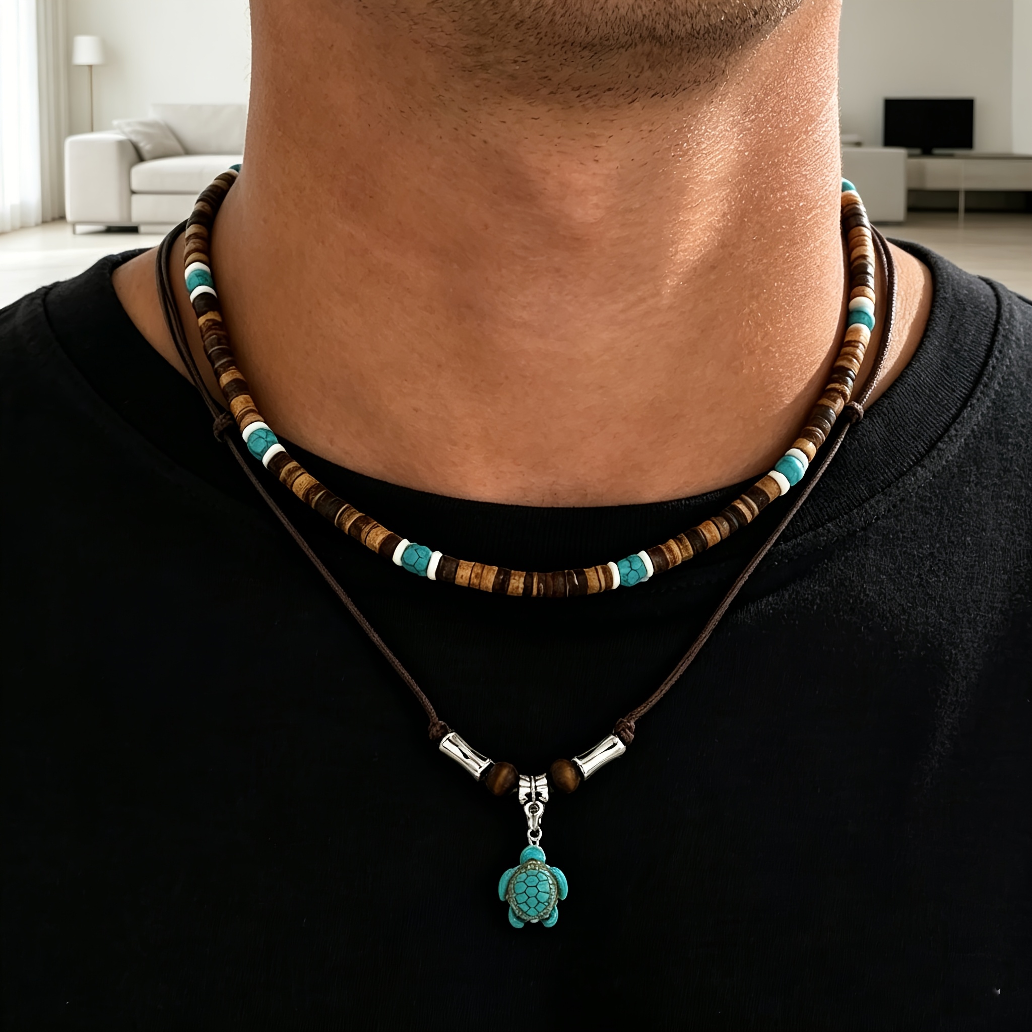 TEMU 2pcs Unisex Boho Beaded Necklace With Coconut Shell Turquoise Turtle Pendant - Adjustable Length, Daily Wear, Holiday Travel, And Father's