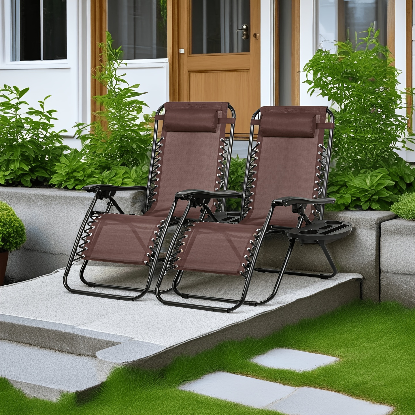 TEMU Set Of 2 Adjustable Relaxing Chairs, 0 Gravity Recliners With Cup Holder, For Patio, Lawn, Garden, And Beach