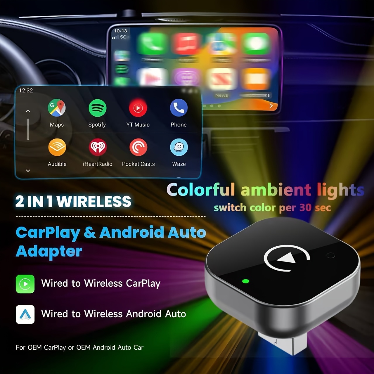 L'adaptateur Carplay sans fil amélioré pour 2025 convertit facilement Carplay filaire en sans fil, compatible avec iPhone iOS 10+ et Android Auto. Cet adaptateur Carplay sans fil compact et stable présente des électroniques modernes pour voiture.