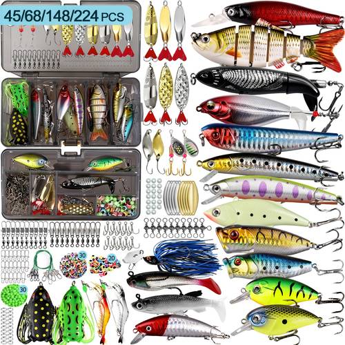 45 68 148 224pcs fishing lure set artificial bait kit hard bait set fishing lure storage box tackle spoon lures fish hooks and other accessories mens freshwater fishing lure set gift