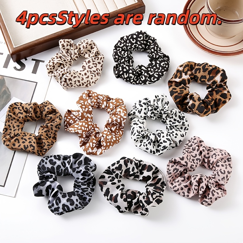 Image of 4pcs Set Of Random Style Leopard Print Hair Ties, Vintage Elastic Headbands, Soft Chiffon Hair Bands, Suitable For Women And, Trendy Hairstyle Accessory Gift