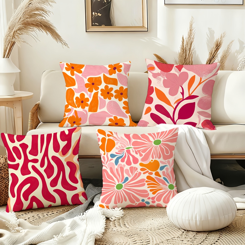 Image of 4pcs Pop-style Floral Pillowcases, Featuring Elements Such As Daisies, Leaves, And Flowing . Have Strong Color And Rich Pattern Layers, Presenting A Pop