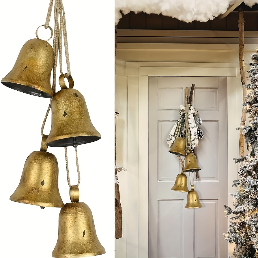 

Christmas Decor, Hanging Rope Metal Decorative Bull Bells, 4pcs Set Of Bells, Vintage Handmade Rustic Christmas Cow Bells