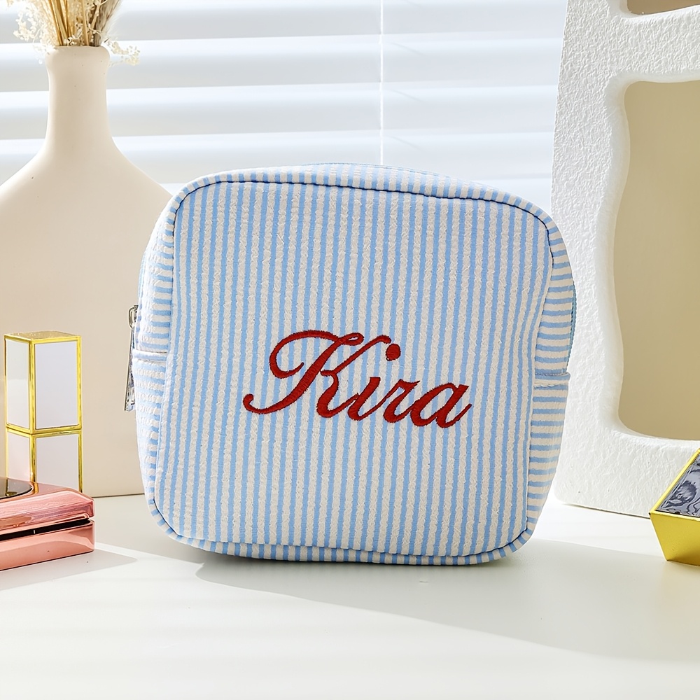 TEMU [Broderie Personnalisée] Sac à Toilette d'Affaires de Voyage Portable et Tendance avec Nom Personnalisable, Sac de Cosmétique Rayé, Organisateur