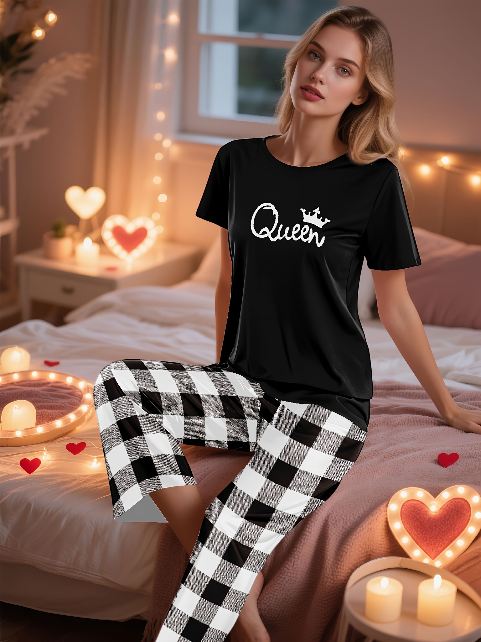 couples homewear set for men and women featuring stylish and comfortable designs this set   a short sleeve letter t shirt and plaid long pants   relaxing at home and suitable for cool weather womens 3