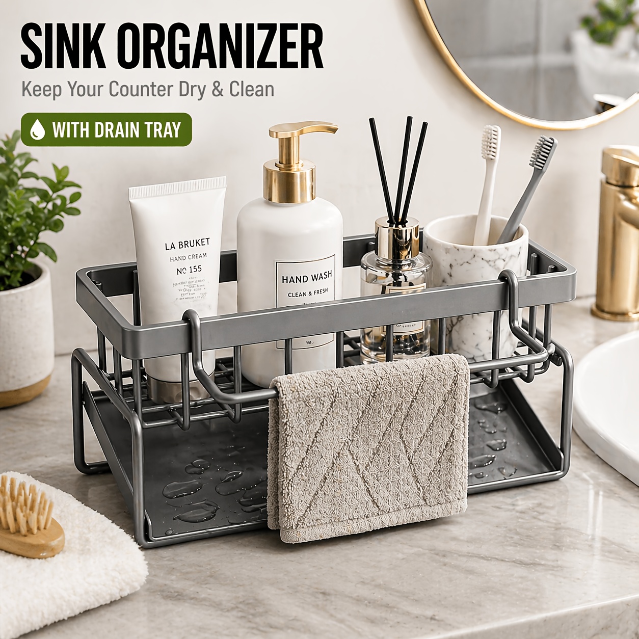 TEMU Panier de rangement multifonctionnel pour évier de cuisine, organisateur pour savon à vaisselle et éponge avec bac d'égouttage, support de