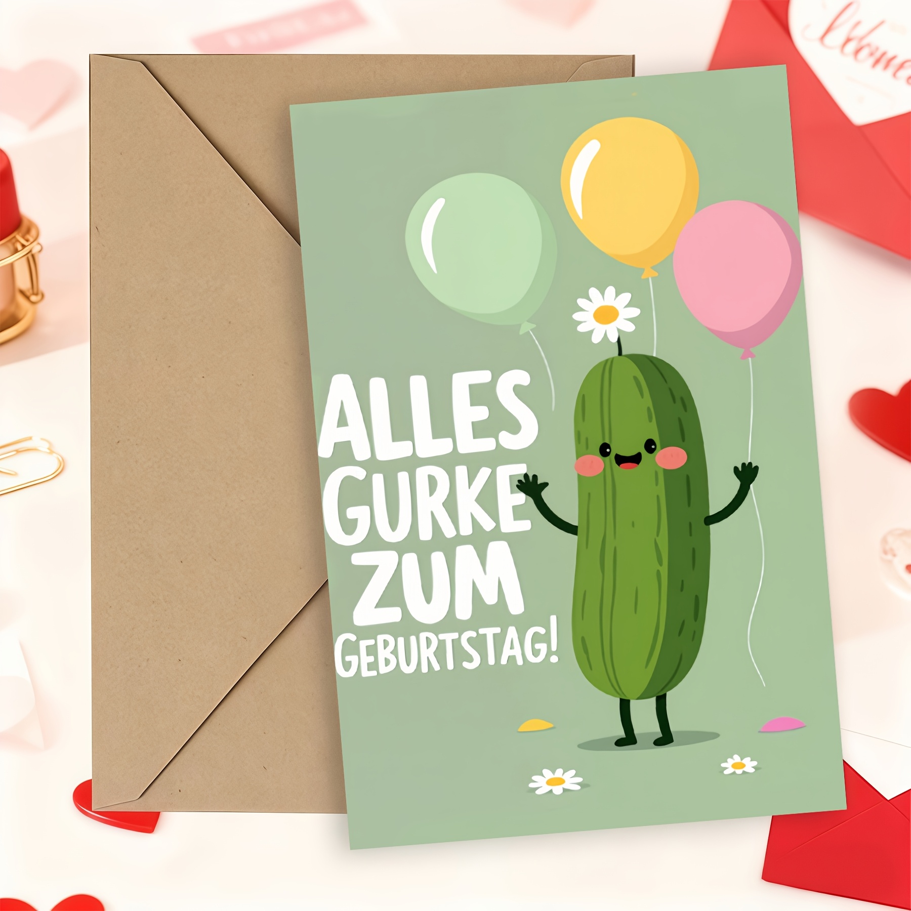 1set Funny Cucumber Birthday Greeting Card, "alles Gurke Zum Geburtstag" German Pun Birthday Card, Cute Cartoon Vegetable Birthday Card With Envelope