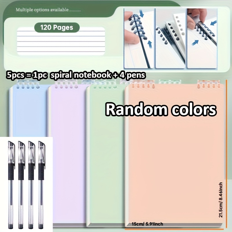 TEMU Set da 5 pezzi, 1 a spirale + 4 penne, 60 fogli di carta per libri qualit� da 120 con carta perforata - Righe orizzontali spesse, facile da