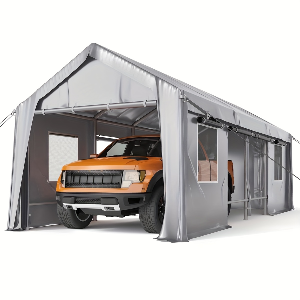 

25'x13'x11' Windproof Carport Heavy Duty, 20 Ga. Reinforced Poles & 14 Mil Pe Canopy, Extra Large Anti-high Wind Portable Garage For Full-sized Pickup Truck And Bass Boat, Gray