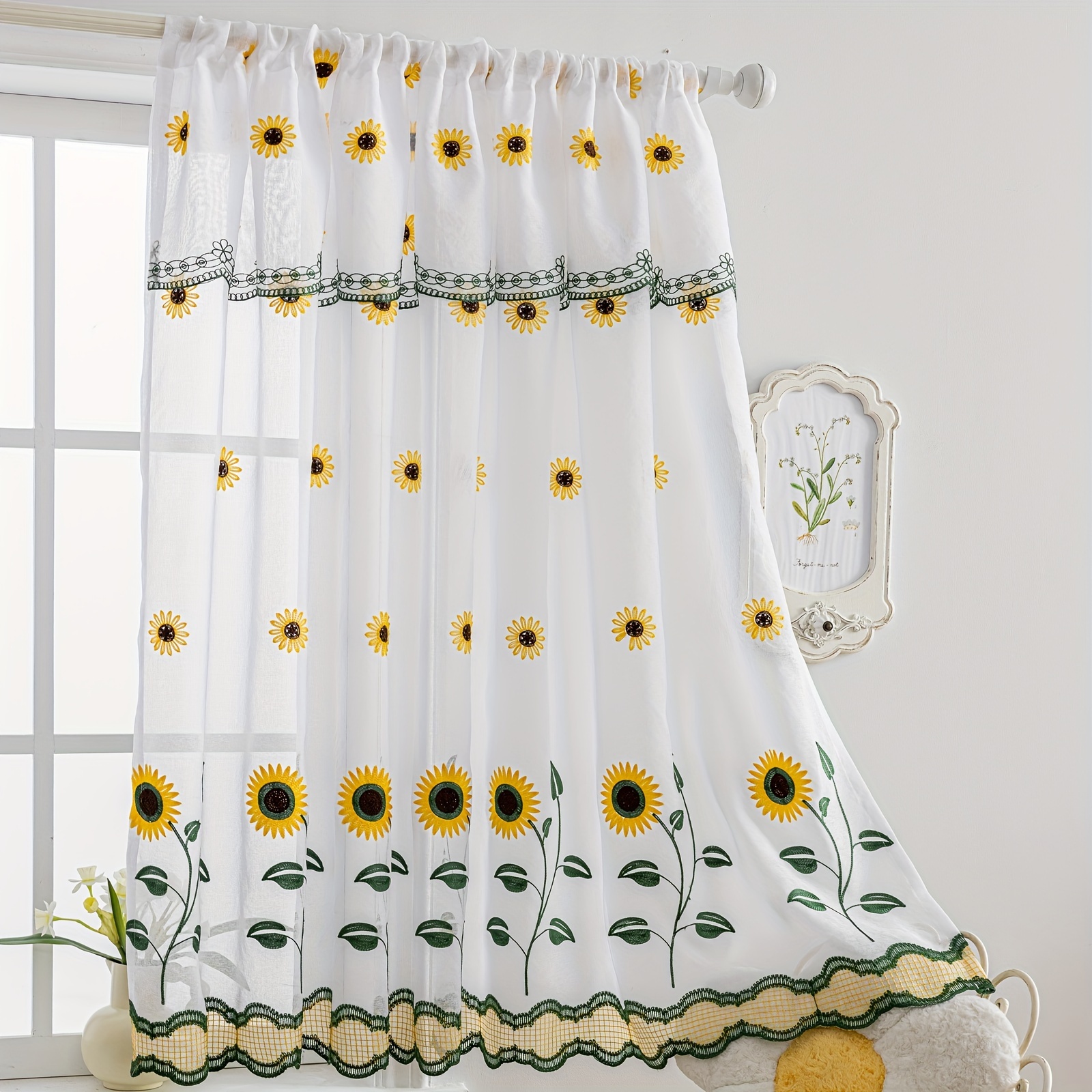 

2pcs Sunflower Embroidered Sheer Curtains - Elegant Floral Valance With Yellow Sunflowers & Green Leaves, White Polyester Fabric, Rod Pocket Room, Kitchen, Or Balcony Decor, Curtains For Living Room