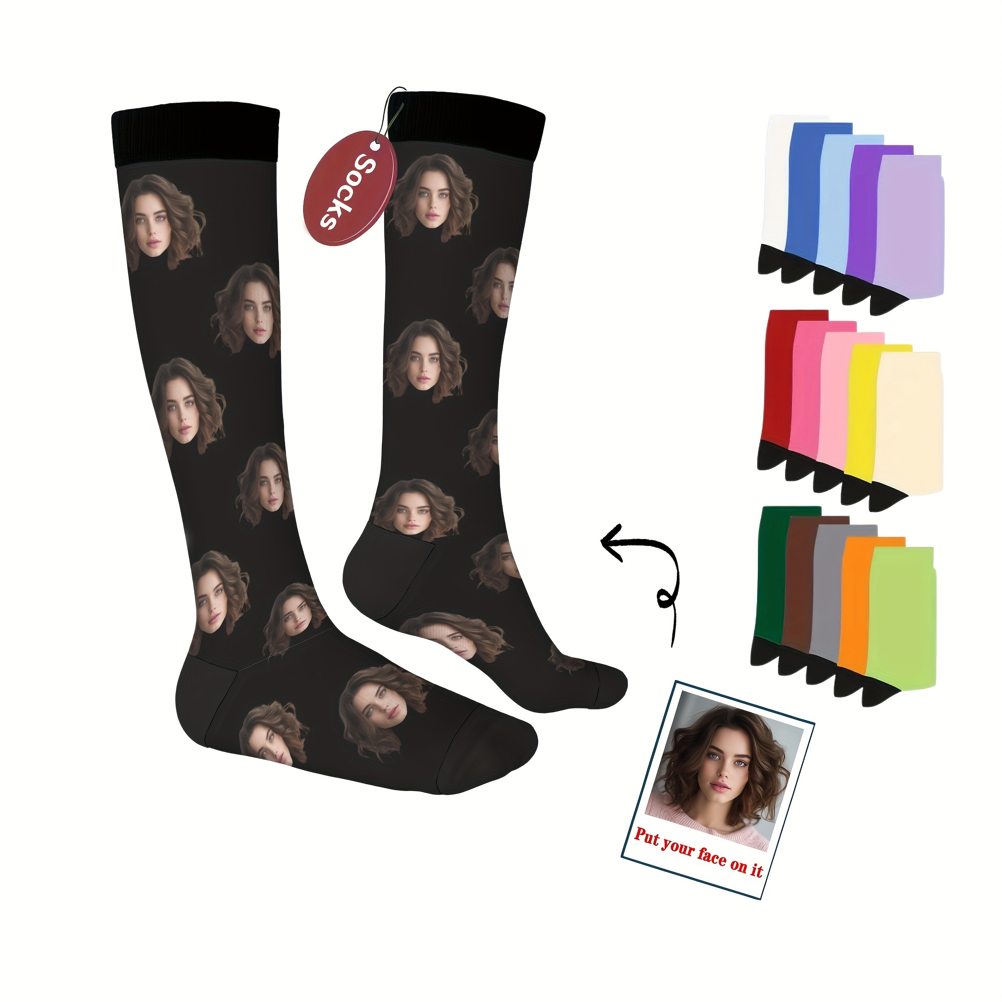 

Custom Face Socks, Personalized Funny Gift Knee-high Socks With Photo Customized, Solid Color Background, Novelty Trendy Party Present Socks For Men Women