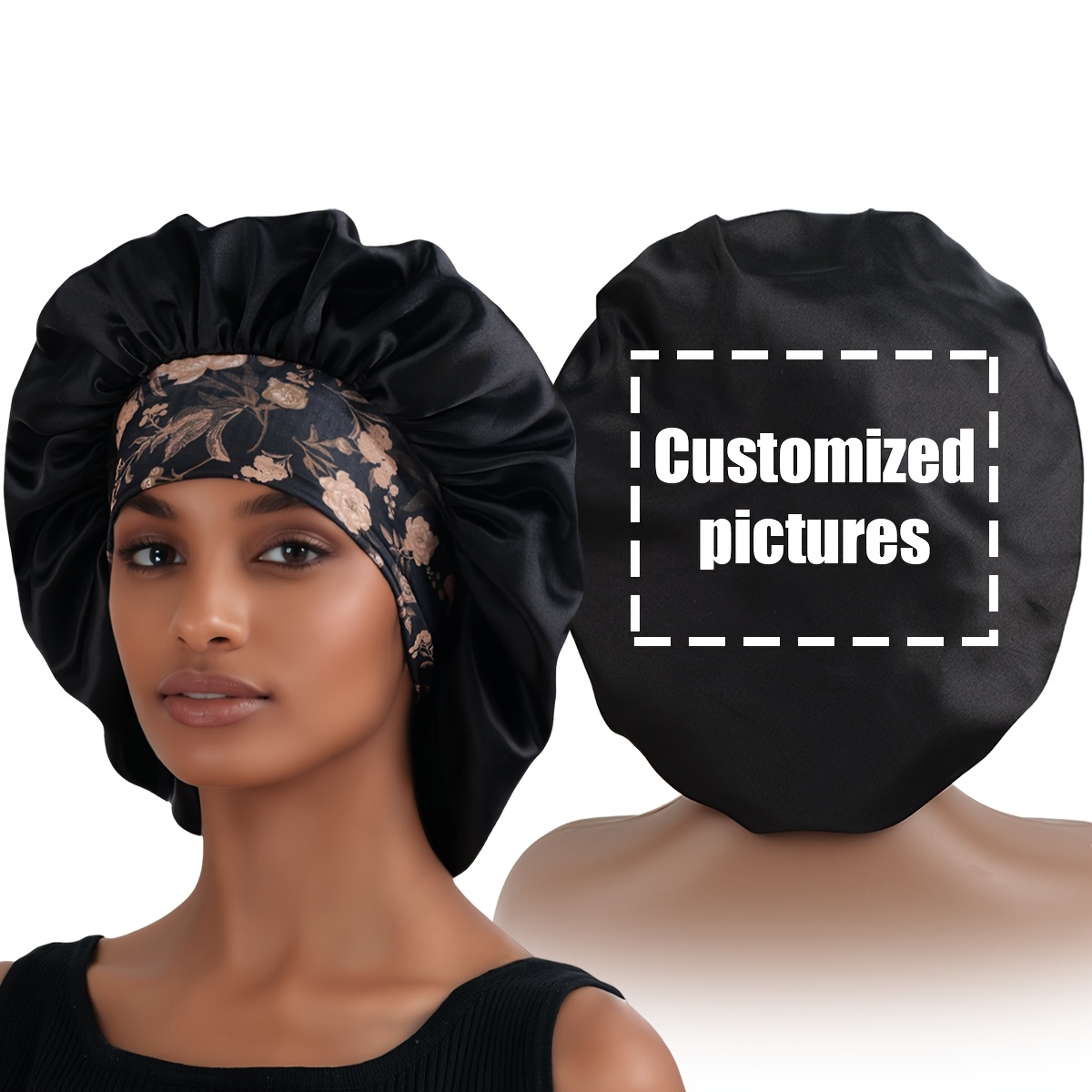 TEMU 1pc Photo Custom Color Satin Bonnet, Soft Wide Brim Elastic Printed Sleeping , Black, Burgundy, Pink, Purple