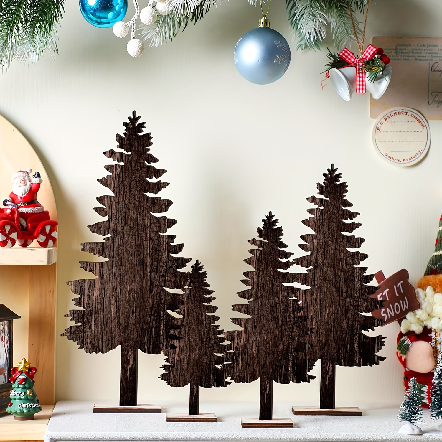 TEMU 4pcs Christmas Table Decor Set: Wooden Pine Tree, Reindeer Centerpiece For Rustic Farmhouse Home Or Office Party Gift