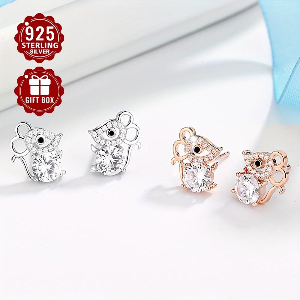 

925 Sterling Silver Animal Mouse Stud Earrings Inlaid Shiny Zirconia Elegant Ear Piercing Jewelry Decoration