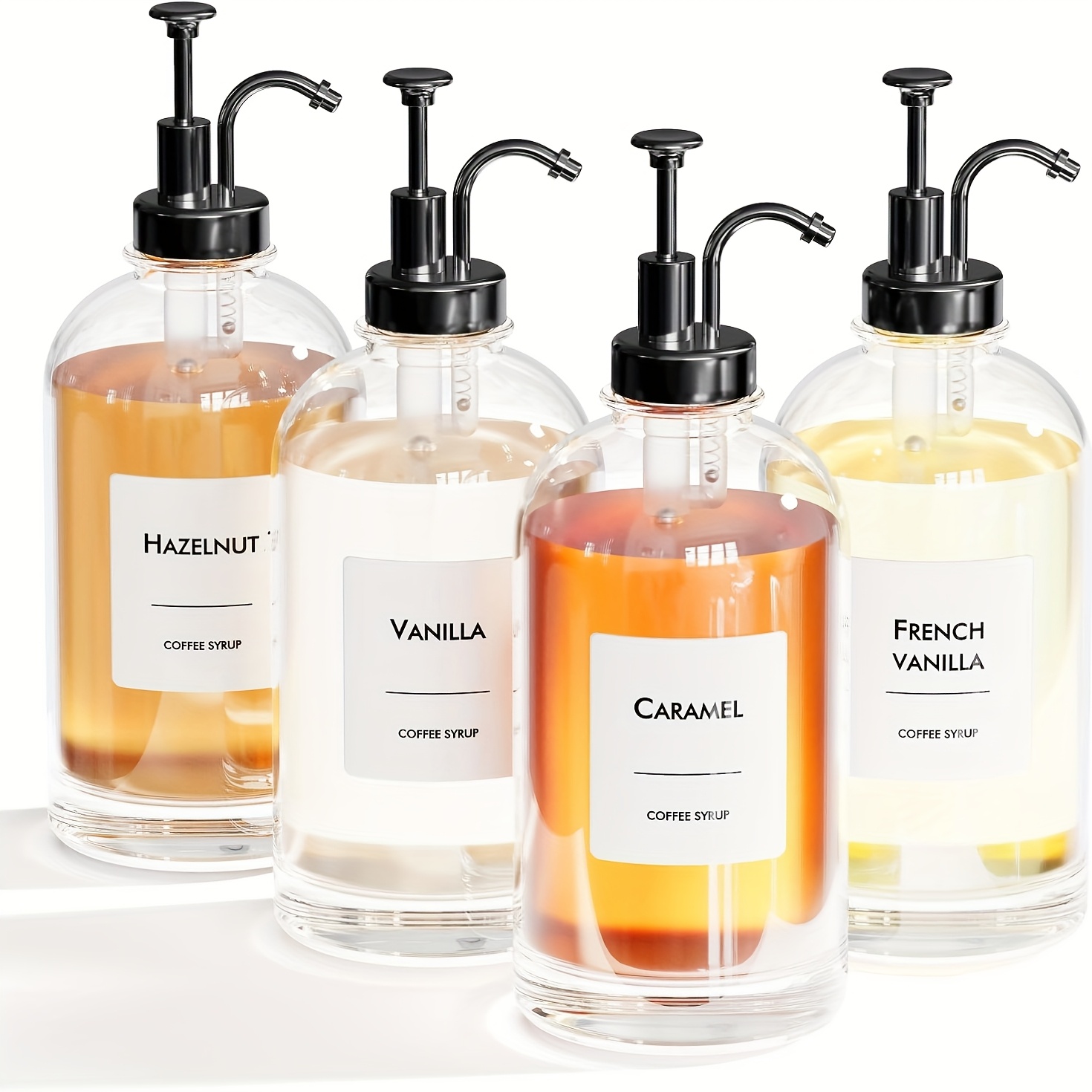 TEMU Ensemble de 4 récipients à pompe pour assaisonnements, distributeur de de café, bouteille en verre avec pompe et étiquette de , récipient pour