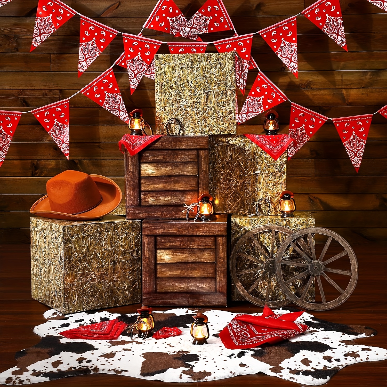 40pcs Cowboy Theme Party Decoration Western Party Decor Rodeo Table  Centerpieces Mini Cowboy Hats Lantern Carton Horseshoe Wheel Red Pull Flag  Scarf D