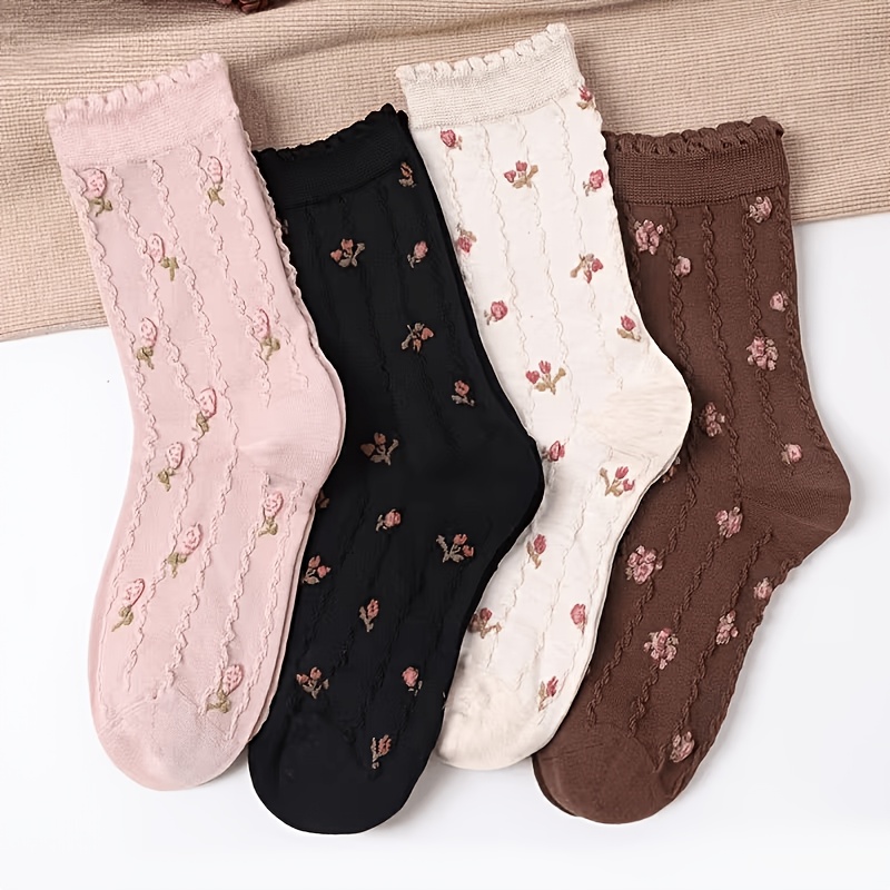 TEMU 4-pair Women's Mid-calf Socks With Small Floral Pattern And Scalloped Edges, Suitable For Spring And Autumn