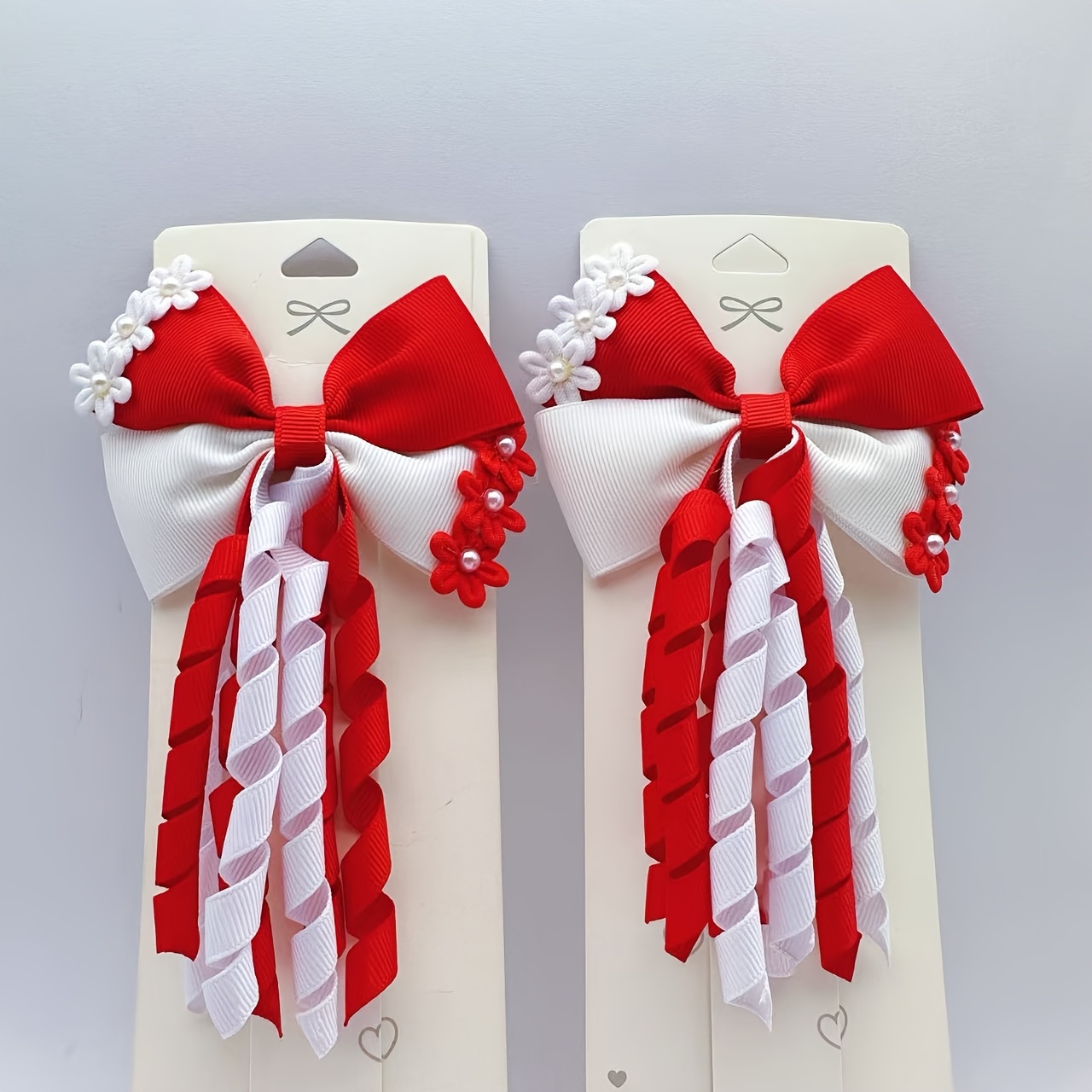 TEMU 2pcs Set Red, Blue, And -blocking Bow Curly Hair Clip, Back-to- Ribbon Curly Tassel Non-damaging Hair Duckbill Clip, Suitable For Daily Party